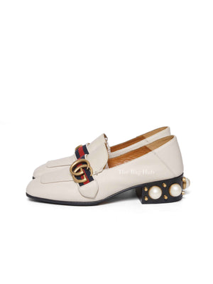 Gucci Mystic White Calfskin Pearl Embellished Peyton Betis Glamour Web 35mm Loafer Pumps Size 35
