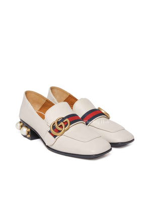 Gucci Mystic White Calfskin Pearl Embellished Peyton Betis Glamour Web 35mm Loafer Pumps Size 35