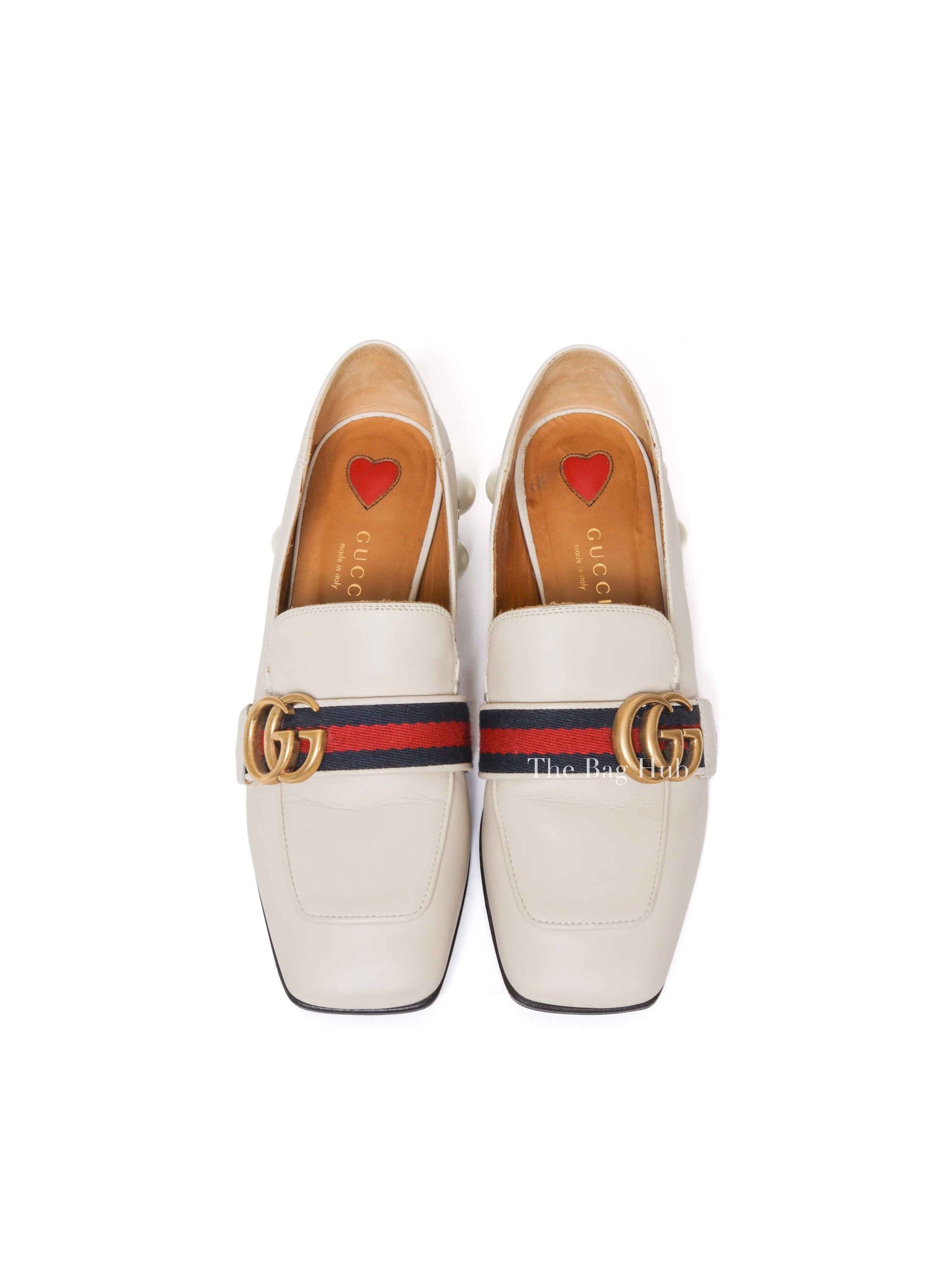 Gucci Mystic White Calfskin Pearl Embellished Peyton Betis Glamour Web 35mm Loafer Pumps Size 35