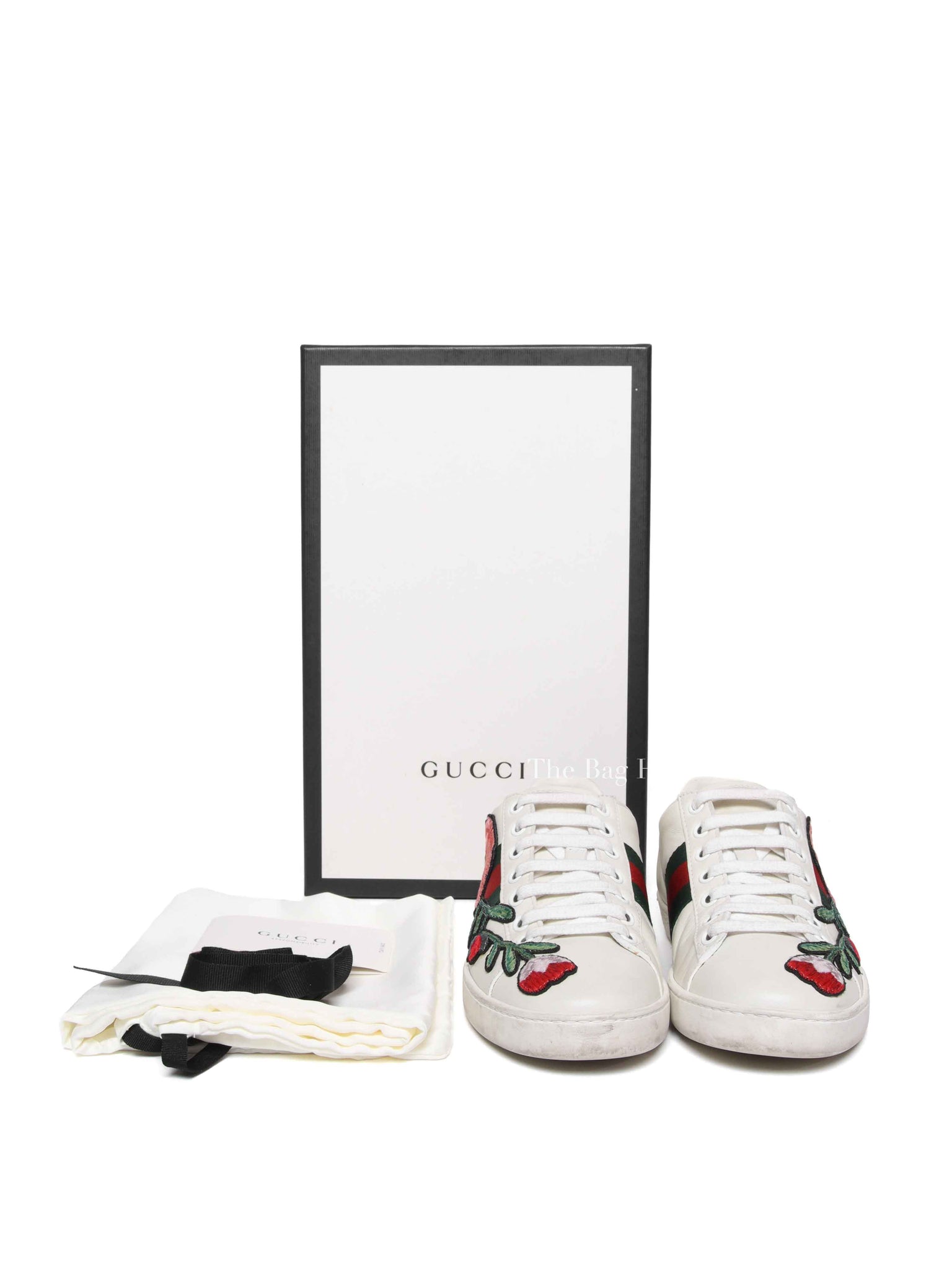 Gucci White Calfskin Floral Embroidered Women's Web Ace Sneakers Size 35