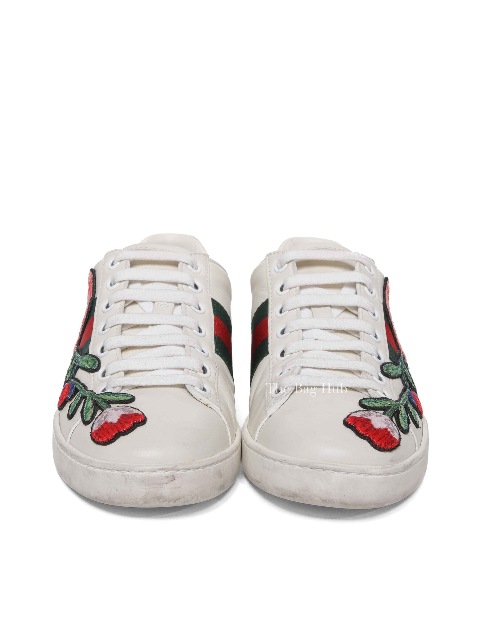 Gucci White Calfskin Floral Embroidered Women's Web Ace Sneakers Size 35