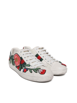 Gucci White Calfskin Floral Embroidered Women's Web Ace Sneakers Size 35