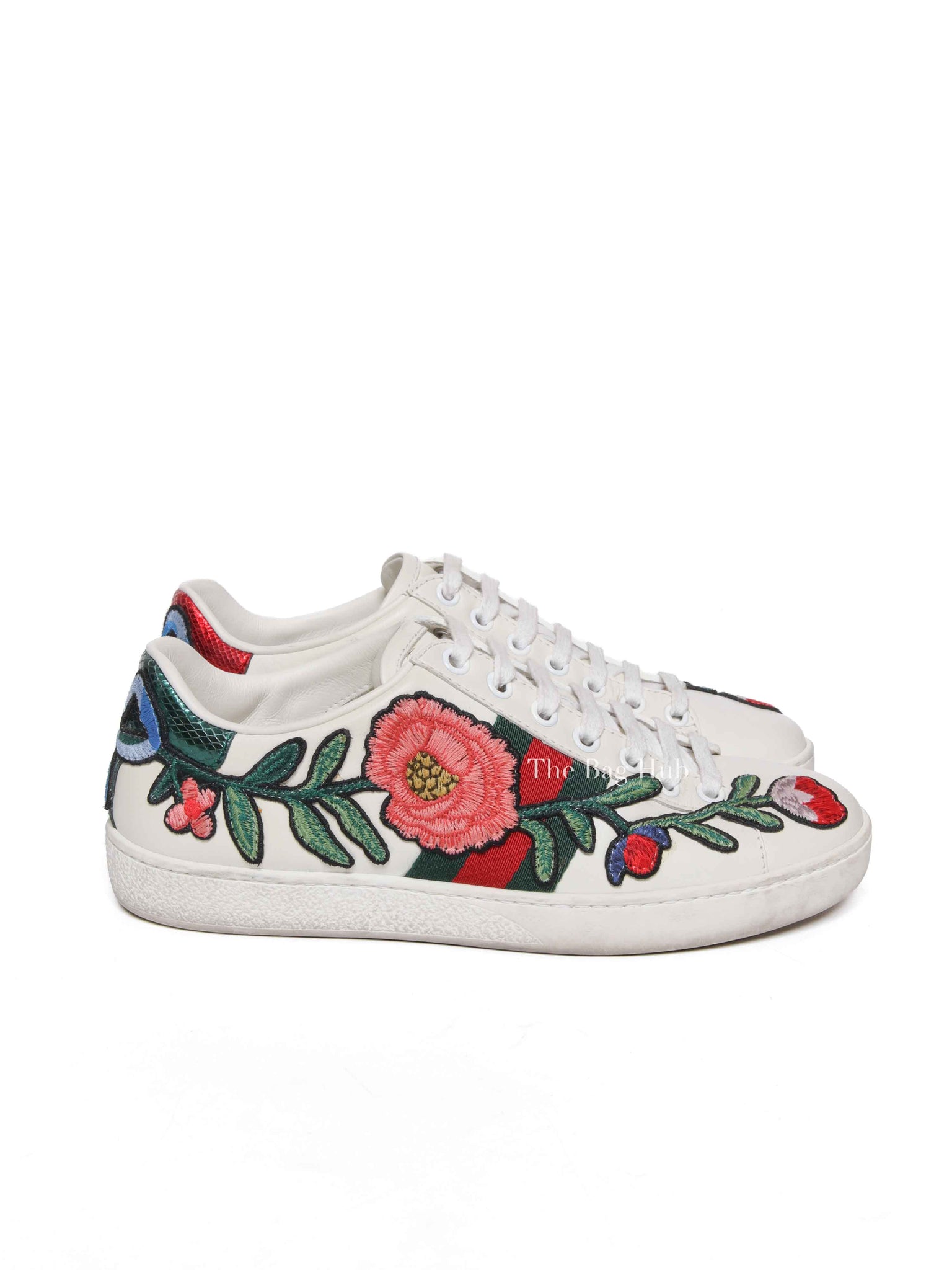 Gucci White Calfskin Floral Embroidered Women's Web Ace Sneakers Size 35