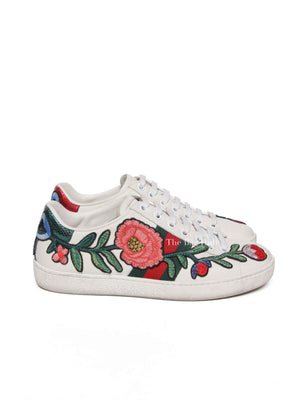 Gucci White Calfskin Floral Embroidered Women's Web Ace Sneakers Size 35