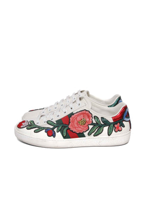 Gucci White Calfskin Floral Embroidered Women's Web Ace Sneakers Size 35