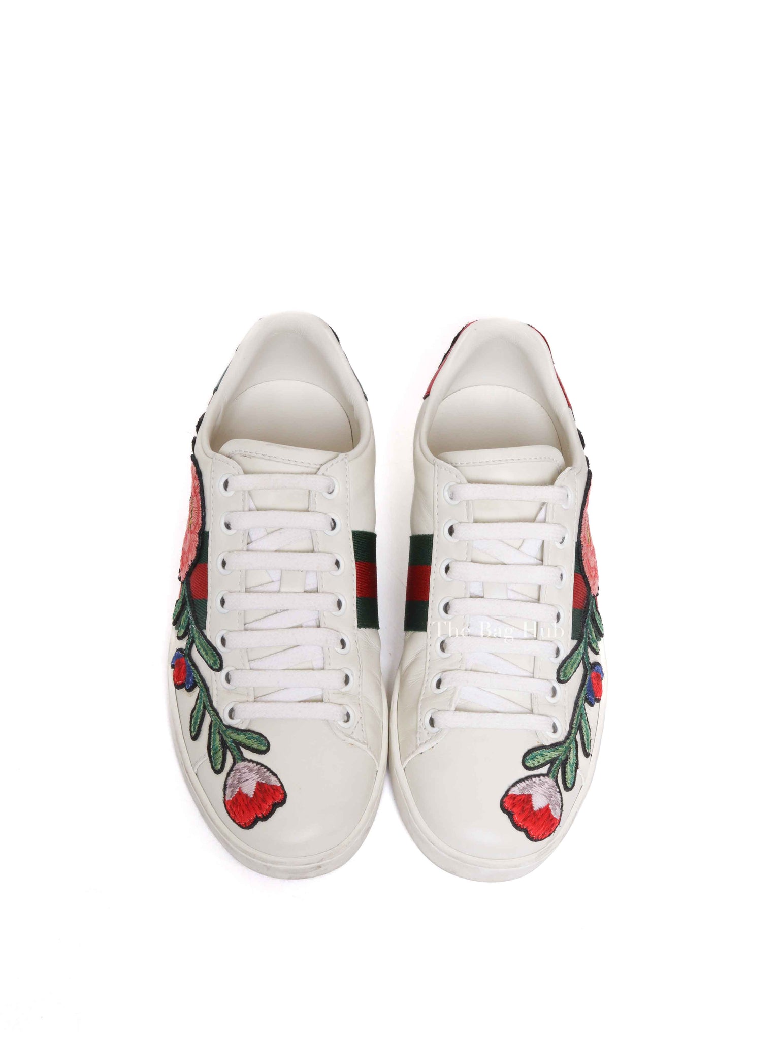 Gucci White Calfskin Floral Embroidered Women's Web Ace Sneakers Size 35