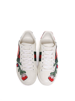 Gucci White Calfskin Floral Embroidered Women's Web Ace Sneakers Size 35