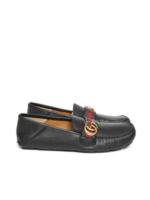 Gucci Black Leather Web Men's Driver Loafers Size 8.5