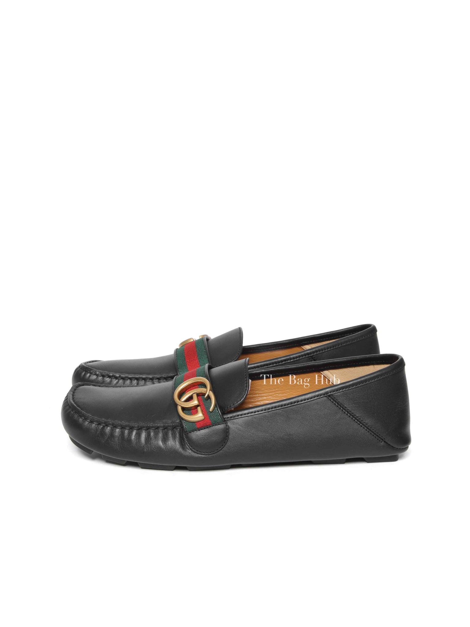 Gucci Black Leather Web Men's Driver Loafers Size 8.5