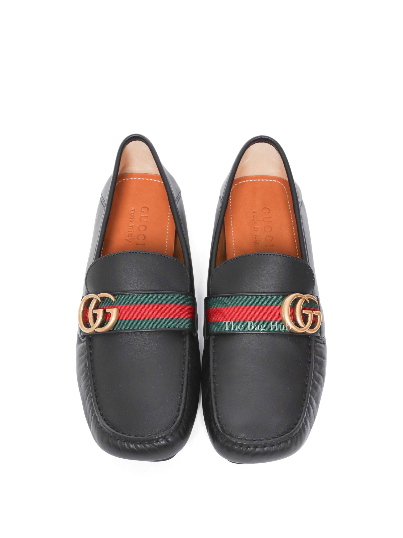 Gucci Black Leather Web Men's Driver Loafers Size 8.5