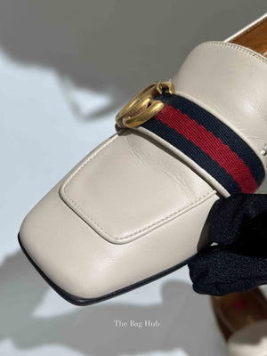 Gucci Mystic White Calfskin Pearl Embellished Peyton Betis Glamour Web 35mm Loafer Pumps Size 35