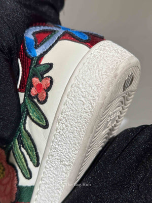 Gucci White Calfskin Floral Embroidered Women's Web Ace Sneakers Size 35