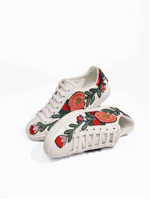Gucci White Calfskin Floral Embroidered Women's Web Ace Sneakers Size 35