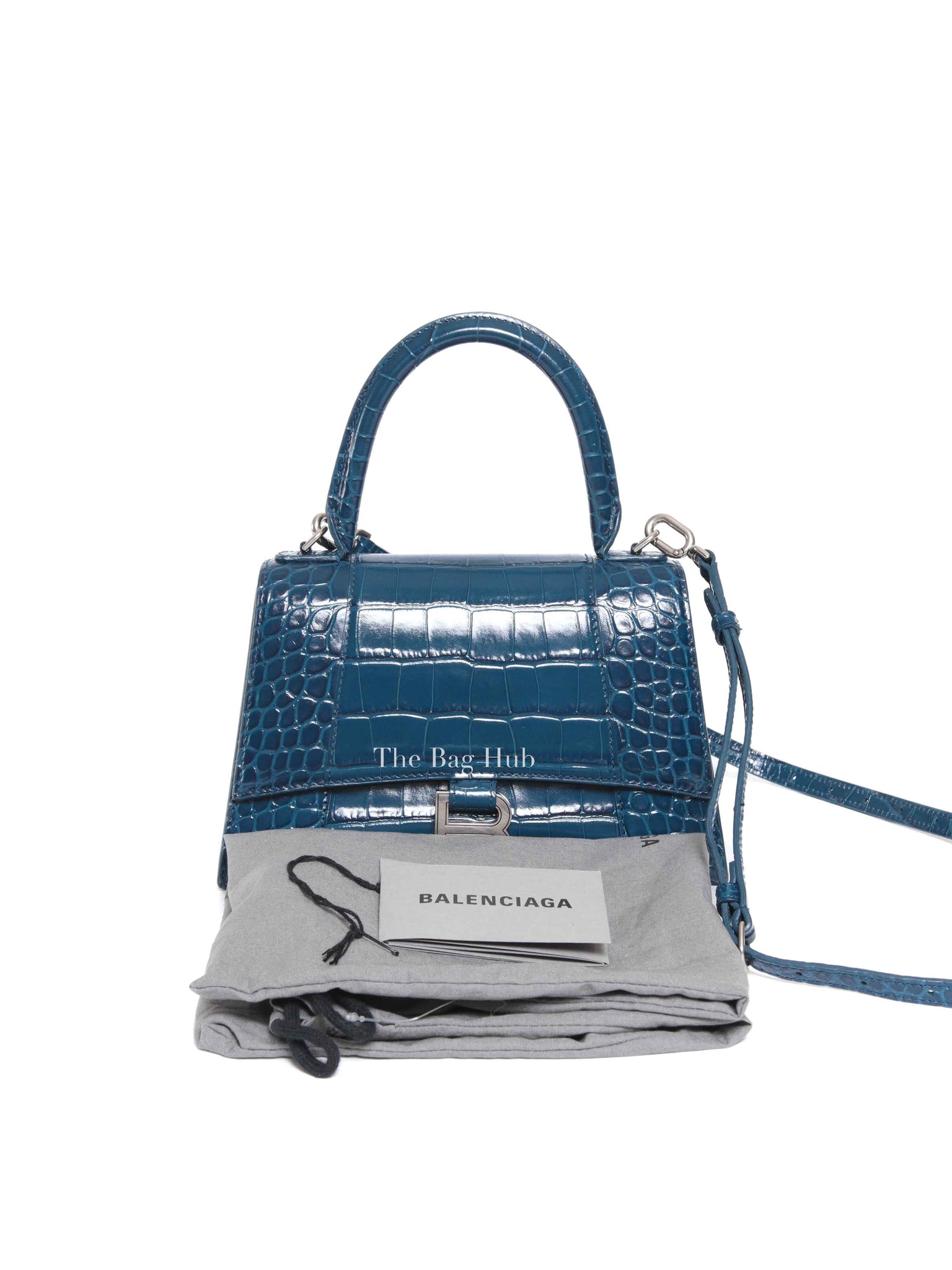 Balenciaga Dark Petrol Blue Shiny Crocodile Embossed Calfskin Small Hourglass Handbag