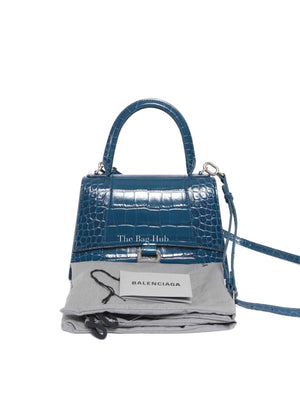 Balenciaga Dark Petrol Blue Shiny Crocodile Embossed Calfskin Small Hourglass Handbag