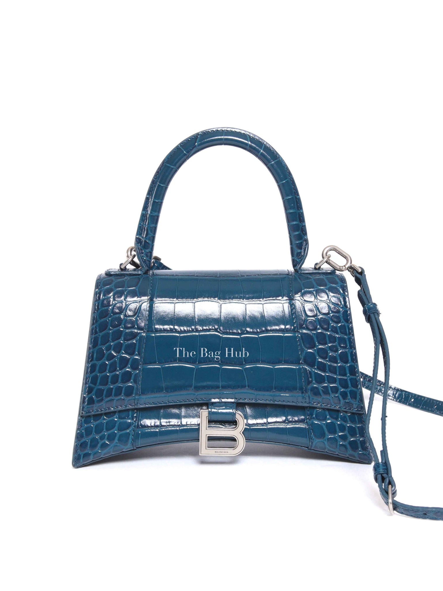 Balenciaga Dark Petrol Blue Shiny Crocodile Embossed Calfskin Small Hourglass Handbag