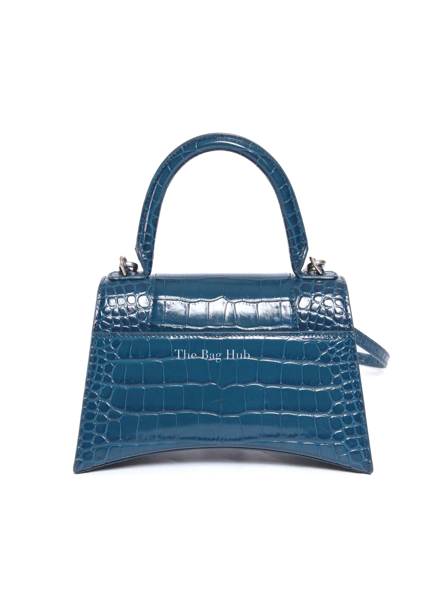 Balenciaga Dark Petrol Blue Shiny Crocodile Embossed Calfskin Small Hourglass Handbag