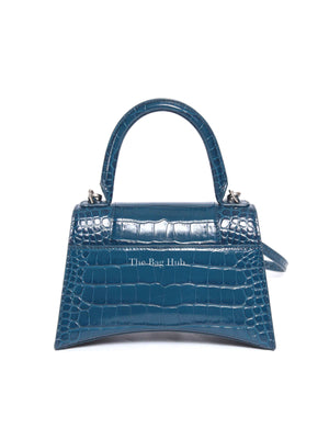 Balenciaga Dark Petrol Blue Shiny Crocodile Embossed Calfskin Small Hourglass Handbag