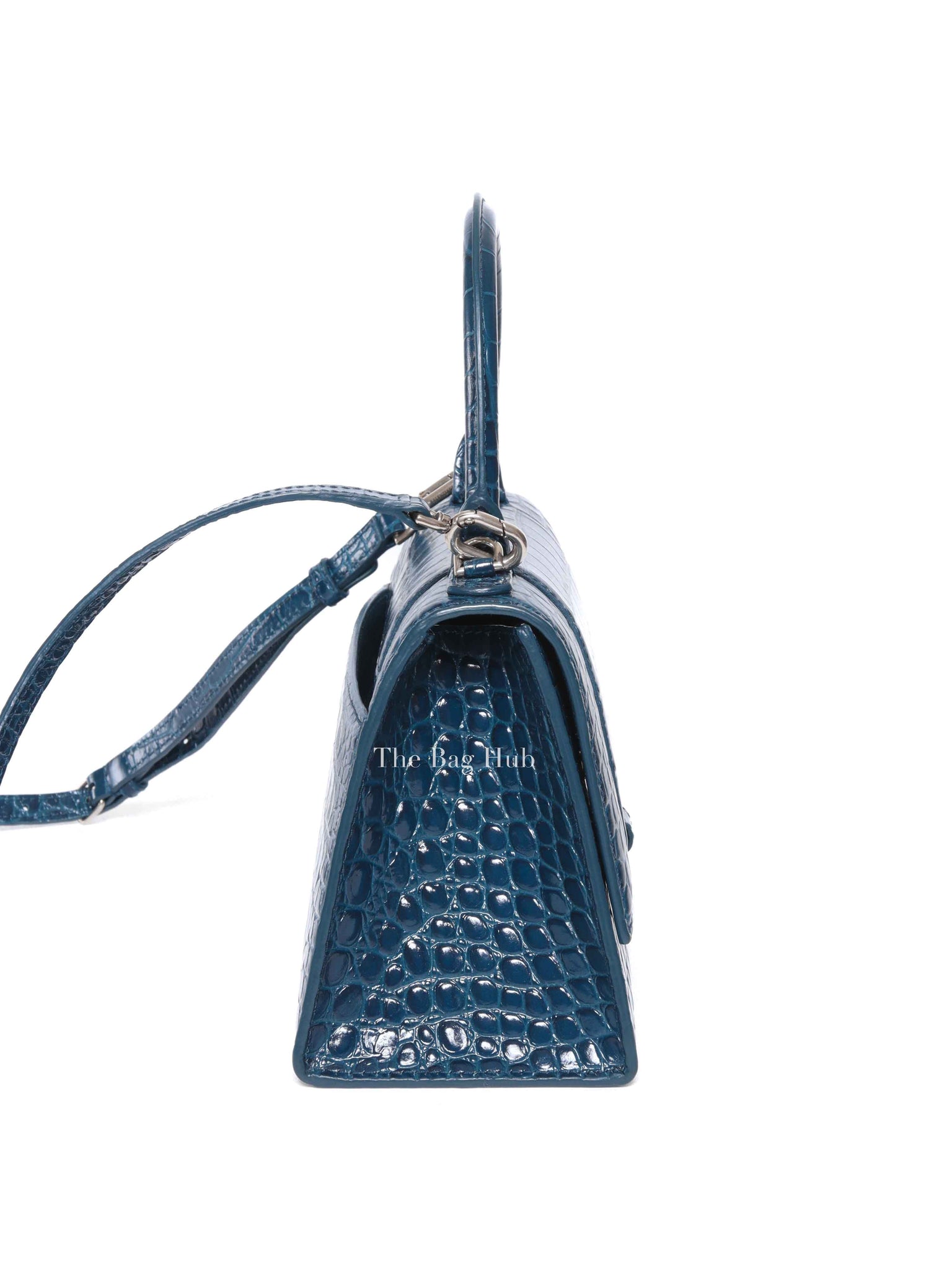 Balenciaga Dark Petrol Blue Shiny Crocodile Embossed Calfskin Small Hourglass Handbag