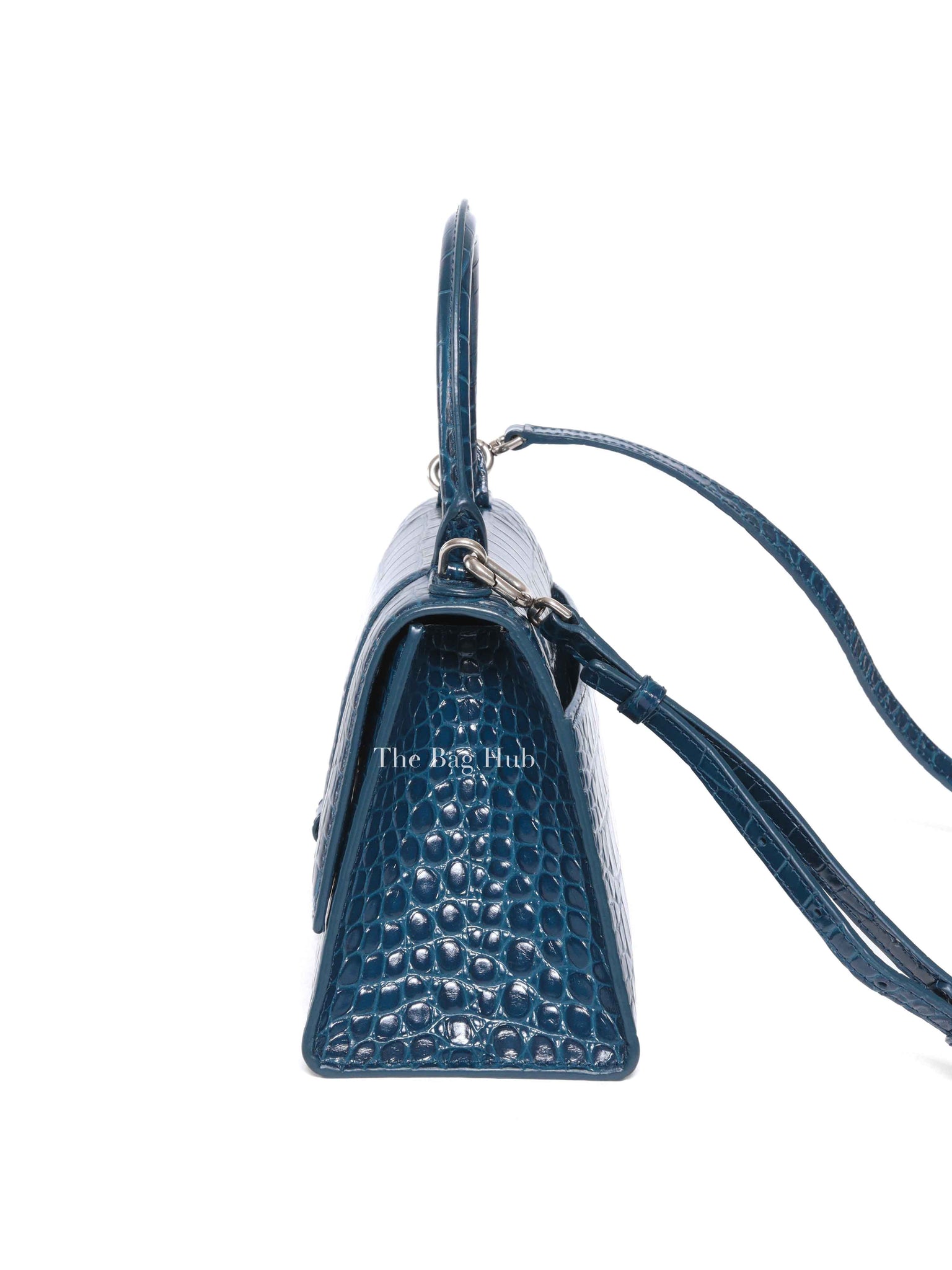 Balenciaga Dark Petrol Blue Shiny Crocodile Embossed Calfskin Small Hourglass Handbag