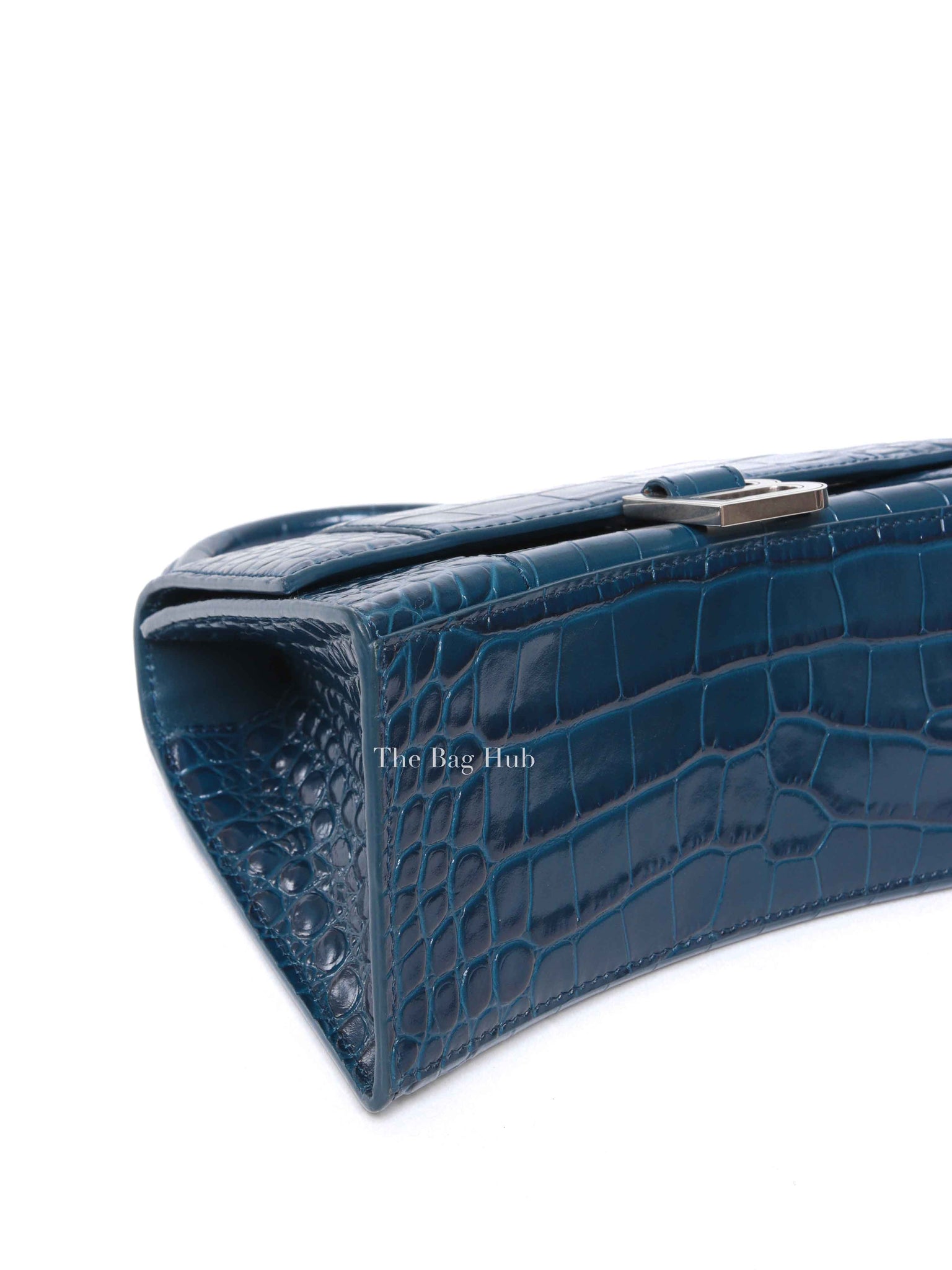Balenciaga Dark Petrol Blue Shiny Crocodile Embossed Calfskin Small Hourglass Handbag