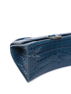 Balenciaga Dark Petrol Blue Shiny Crocodile Embossed Calfskin Small Hourglass Handbag