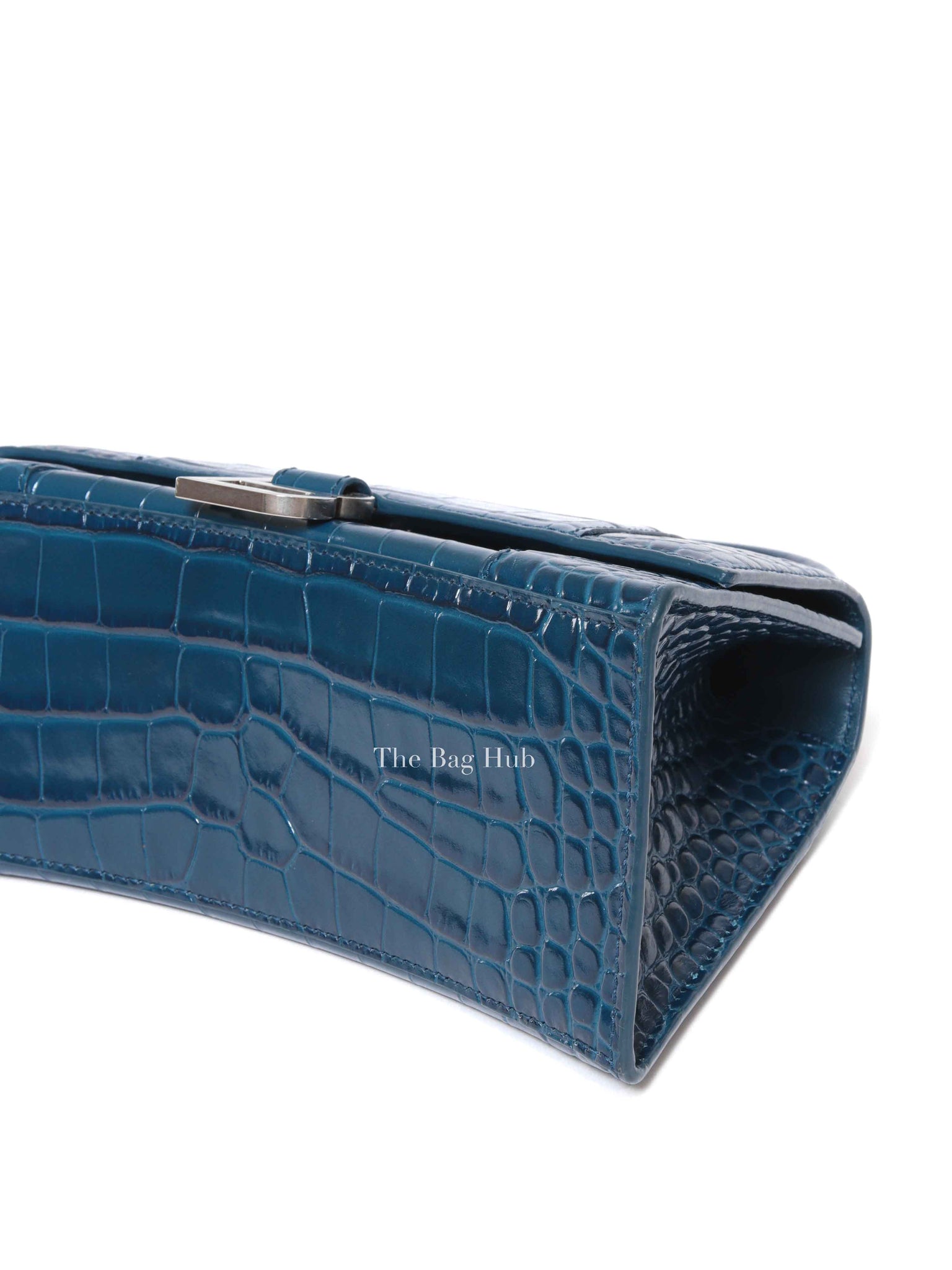 Balenciaga Dark Petrol Blue Shiny Crocodile Embossed Calfskin Small Hourglass Handbag