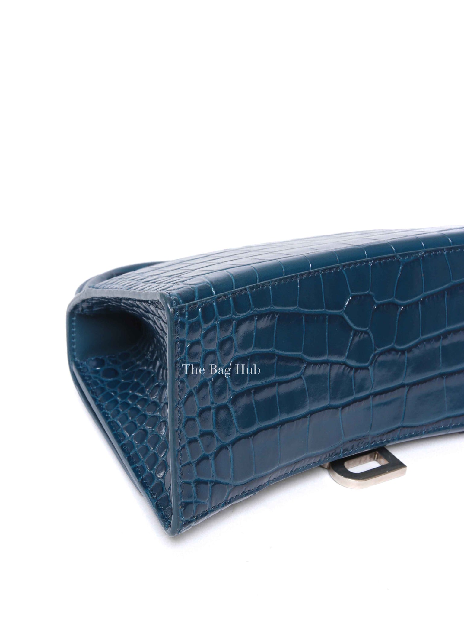Balenciaga Dark Petrol Blue Shiny Crocodile Embossed Calfskin Small Hourglass Handbag