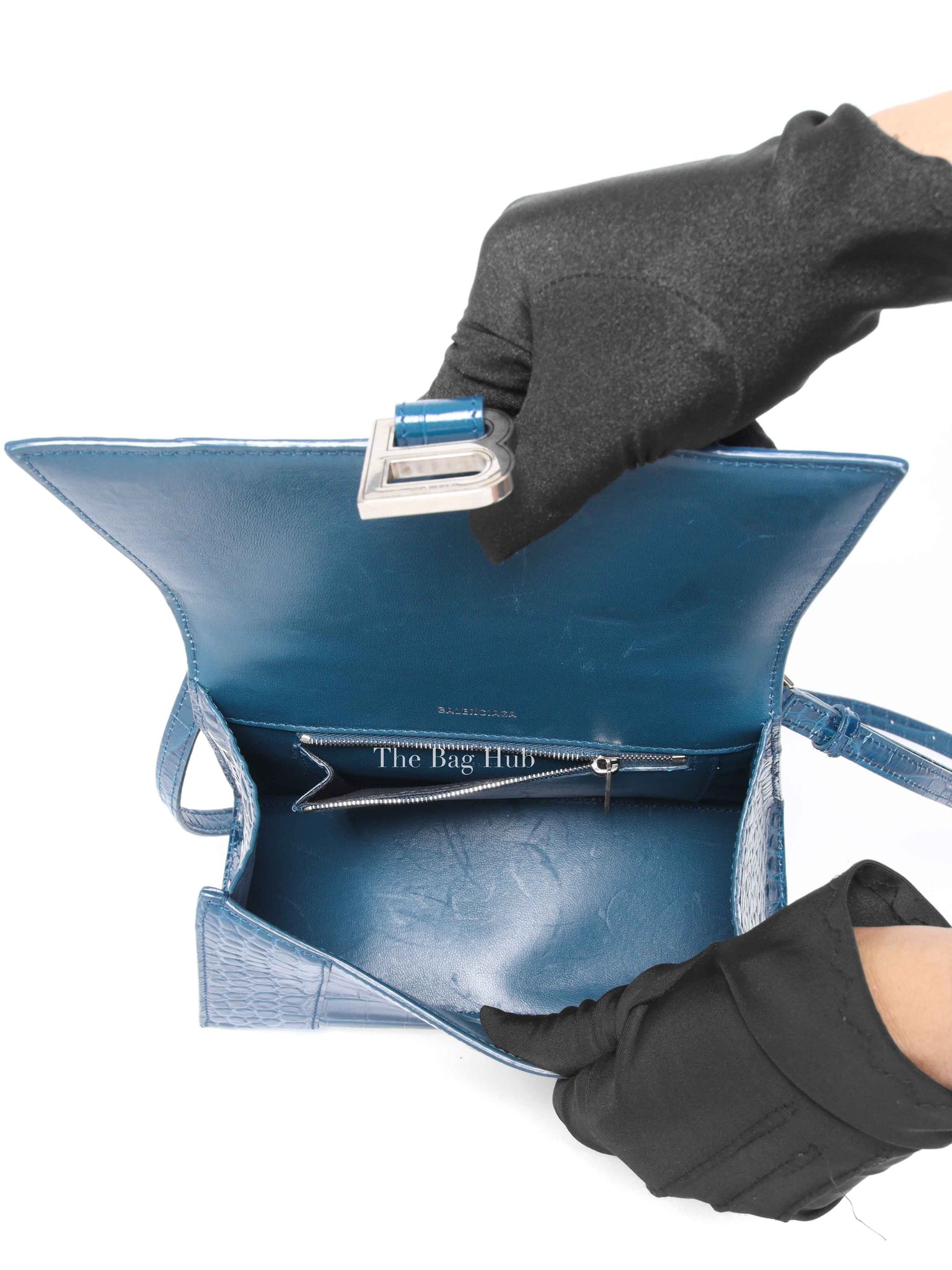 Balenciaga Dark Petrol Blue Shiny Crocodile Embossed Calfskin Small Hourglass Handbag