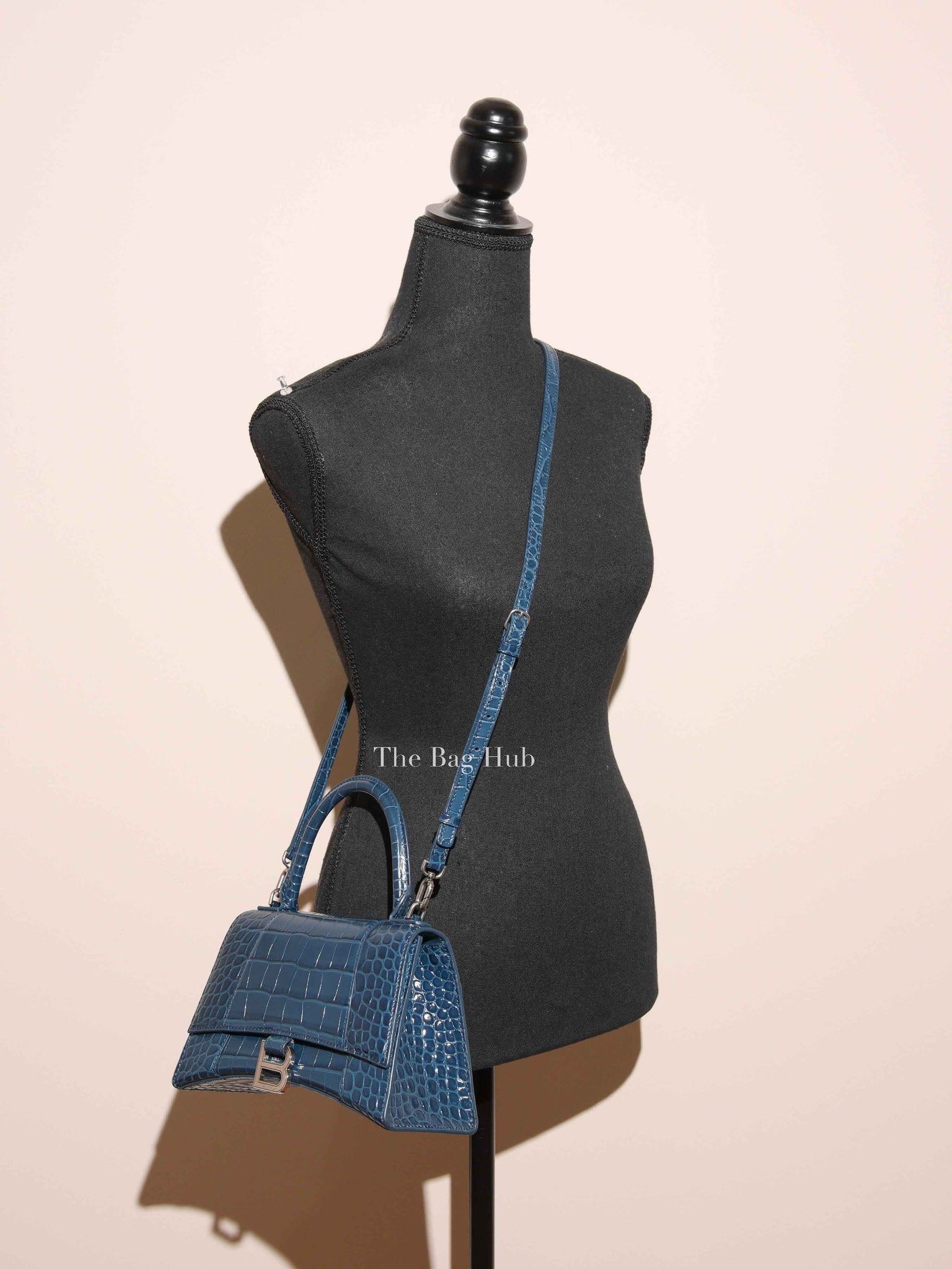 Balenciaga Dark Petrol Blue Shiny Crocodile Embossed Calfskin Small Hourglass Handbag