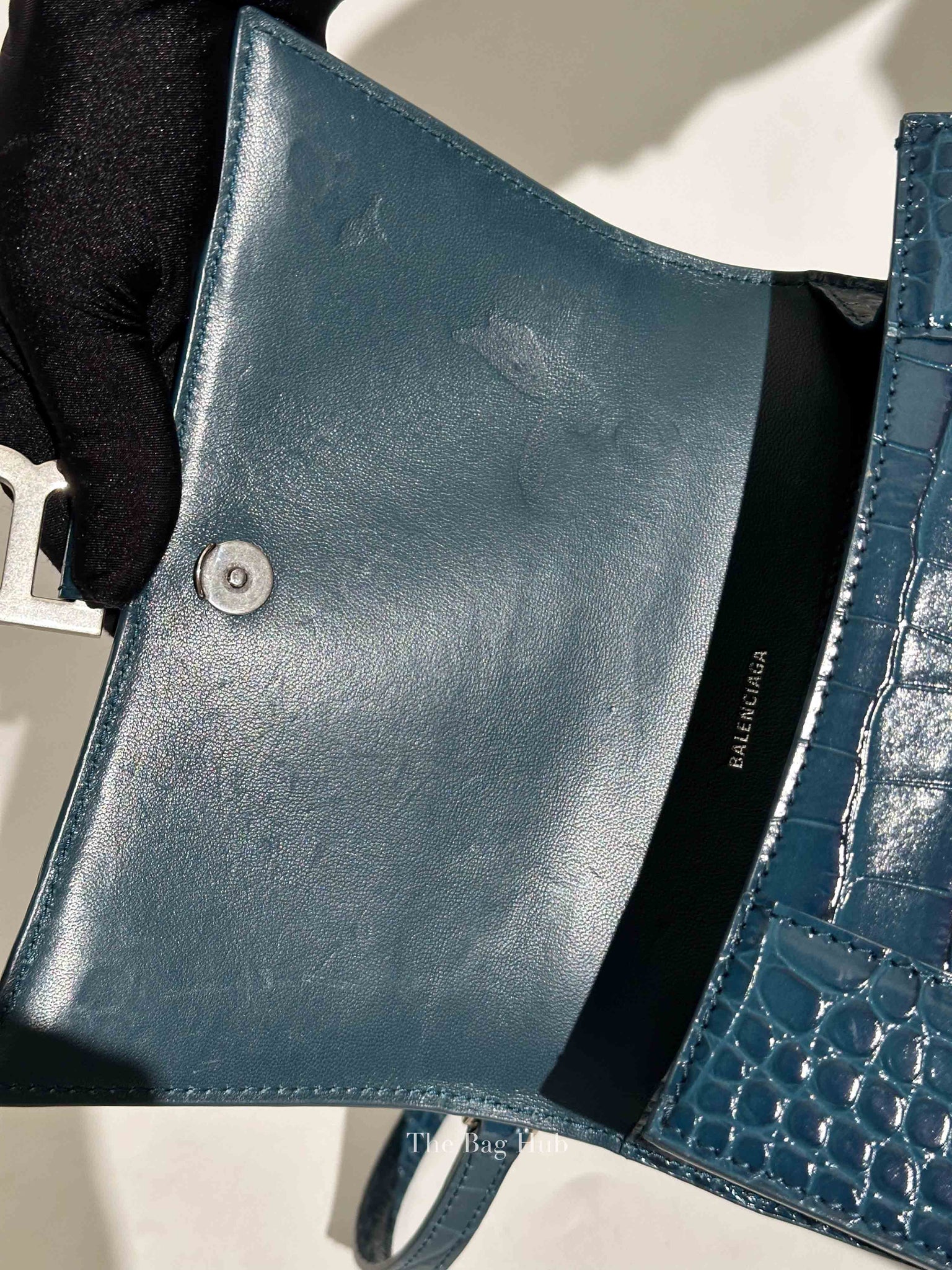 Balenciaga Dark Petrol Blue Shiny Crocodile Embossed Calfskin Small Hourglass Handbag