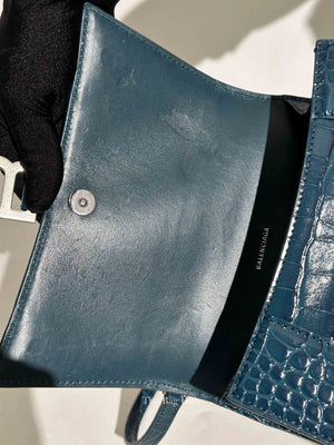 Balenciaga Dark Petrol Blue Shiny Crocodile Embossed Calfskin Small Hourglass Handbag