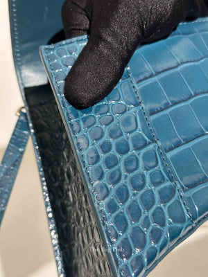 Balenciaga Dark Petrol Blue Shiny Crocodile Embossed Calfskin Small Hourglass Handbag