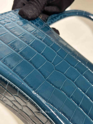 Balenciaga Dark Petrol Blue Shiny Crocodile Embossed Calfskin Small Hourglass Handbag