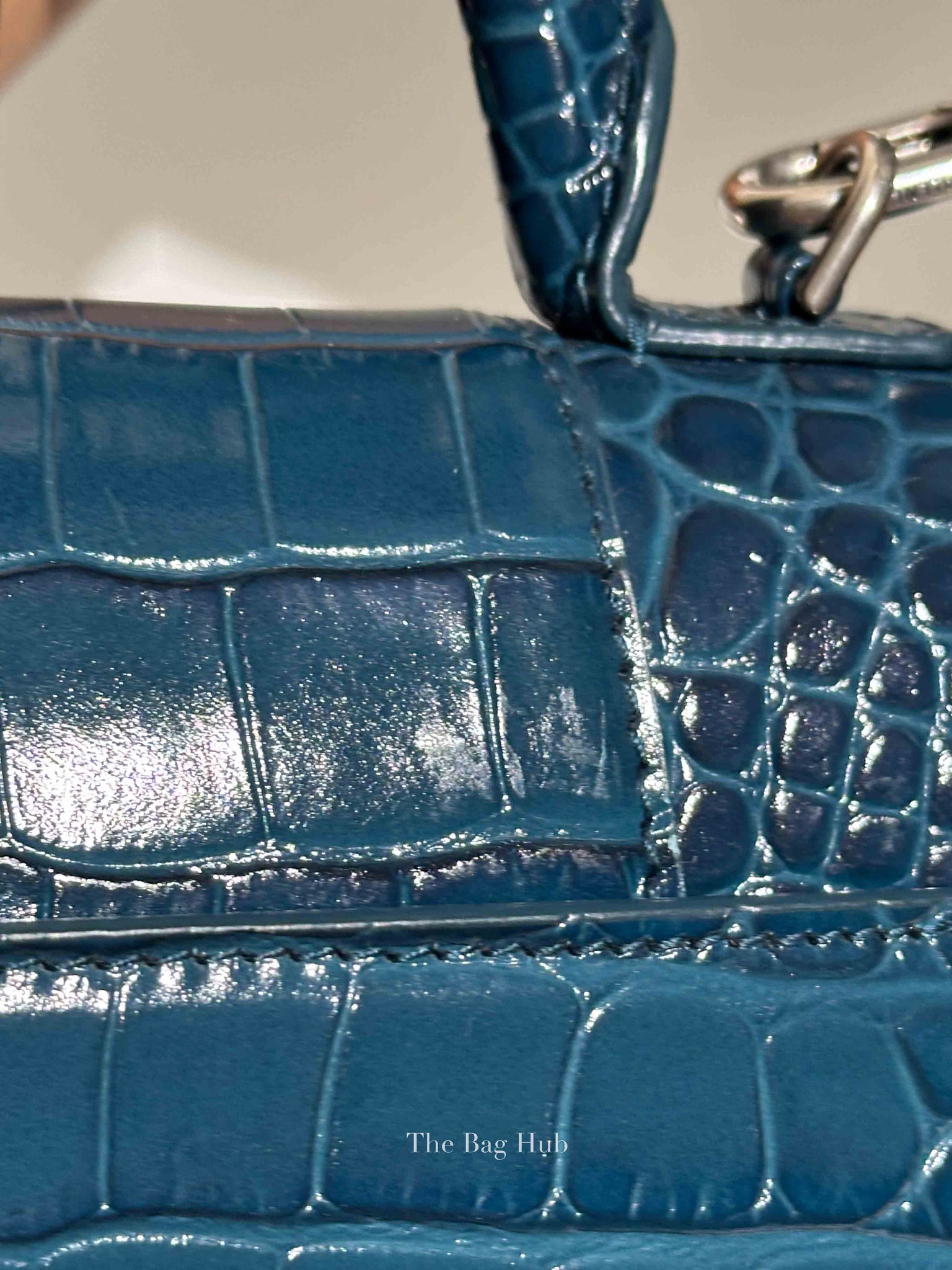 Balenciaga Dark Petrol Blue Shiny Crocodile Embossed Calfskin Small Hourglass Handbag