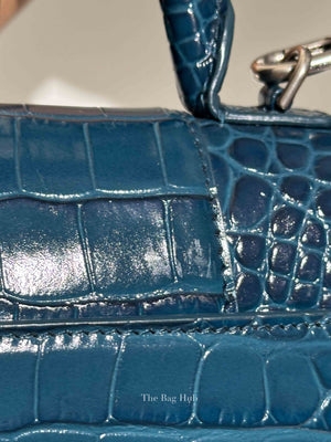 Balenciaga Dark Petrol Blue Shiny Crocodile Embossed Calfskin Small Hourglass Handbag