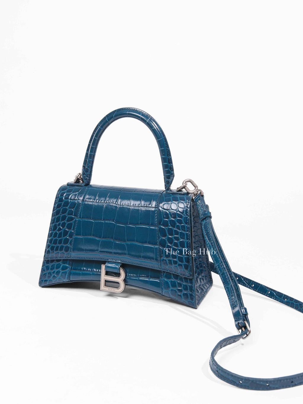 Balenciaga Dark Petrol Blue Shiny Crocodile Embossed Calfskin Small Hourglass Handbag