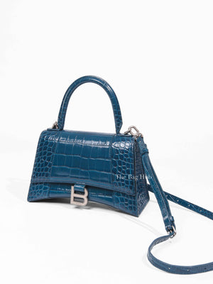Balenciaga Dark Petrol Blue Shiny Crocodile Embossed Calfskin Small Hourglass Handbag
