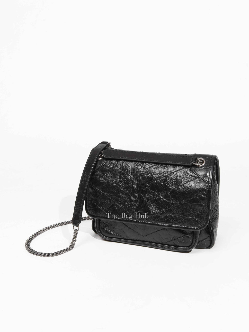 Saint Laurent Black Crinkled Calfskin Matelasse Monogram Baby Niki Satchel Chain Bag