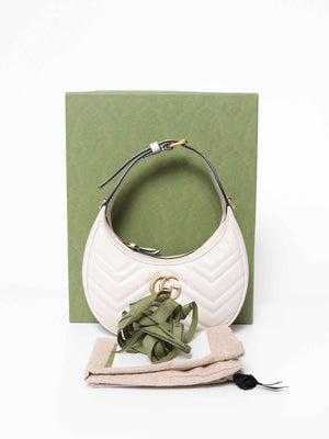 Gucci White Leather Marmont Half Moon Small Shoulder Bag