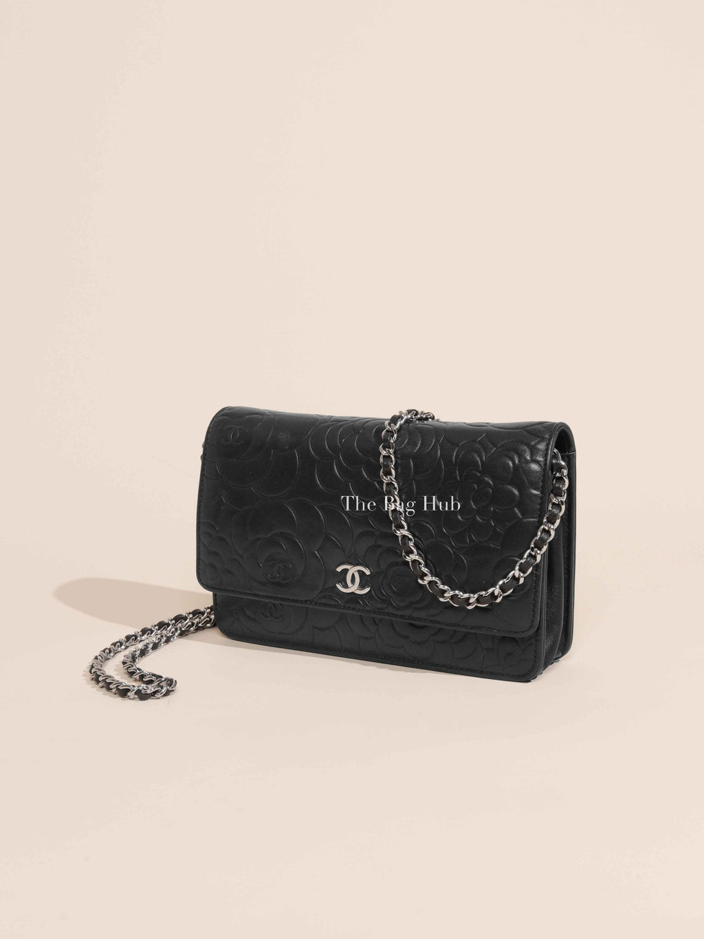 Chanel Black Leather Camellia Wallet on Chain SHW