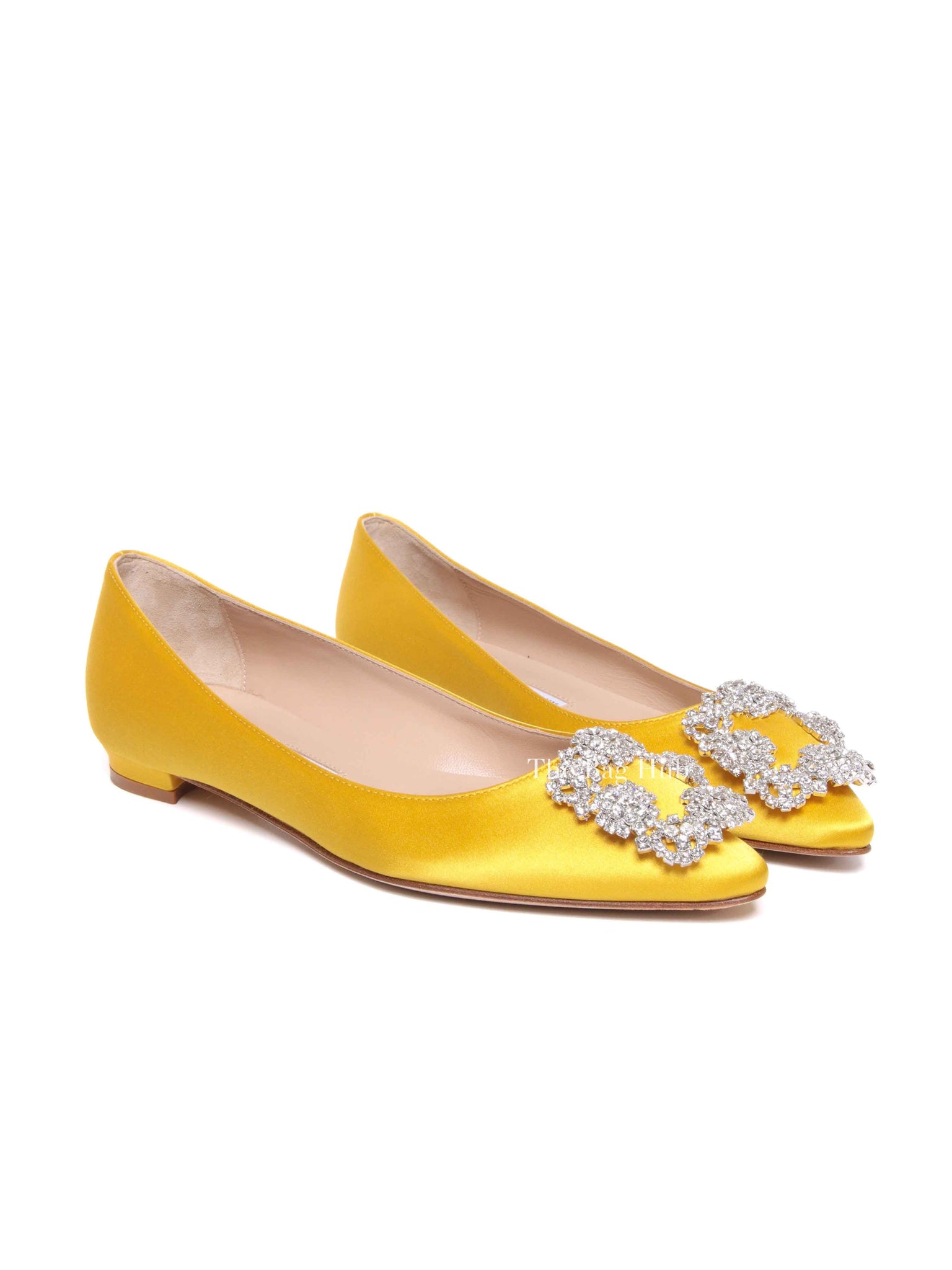 Manolo Blahnik Yellow Satin Hangisi Crystal Embellished Ballet Flats Size 35