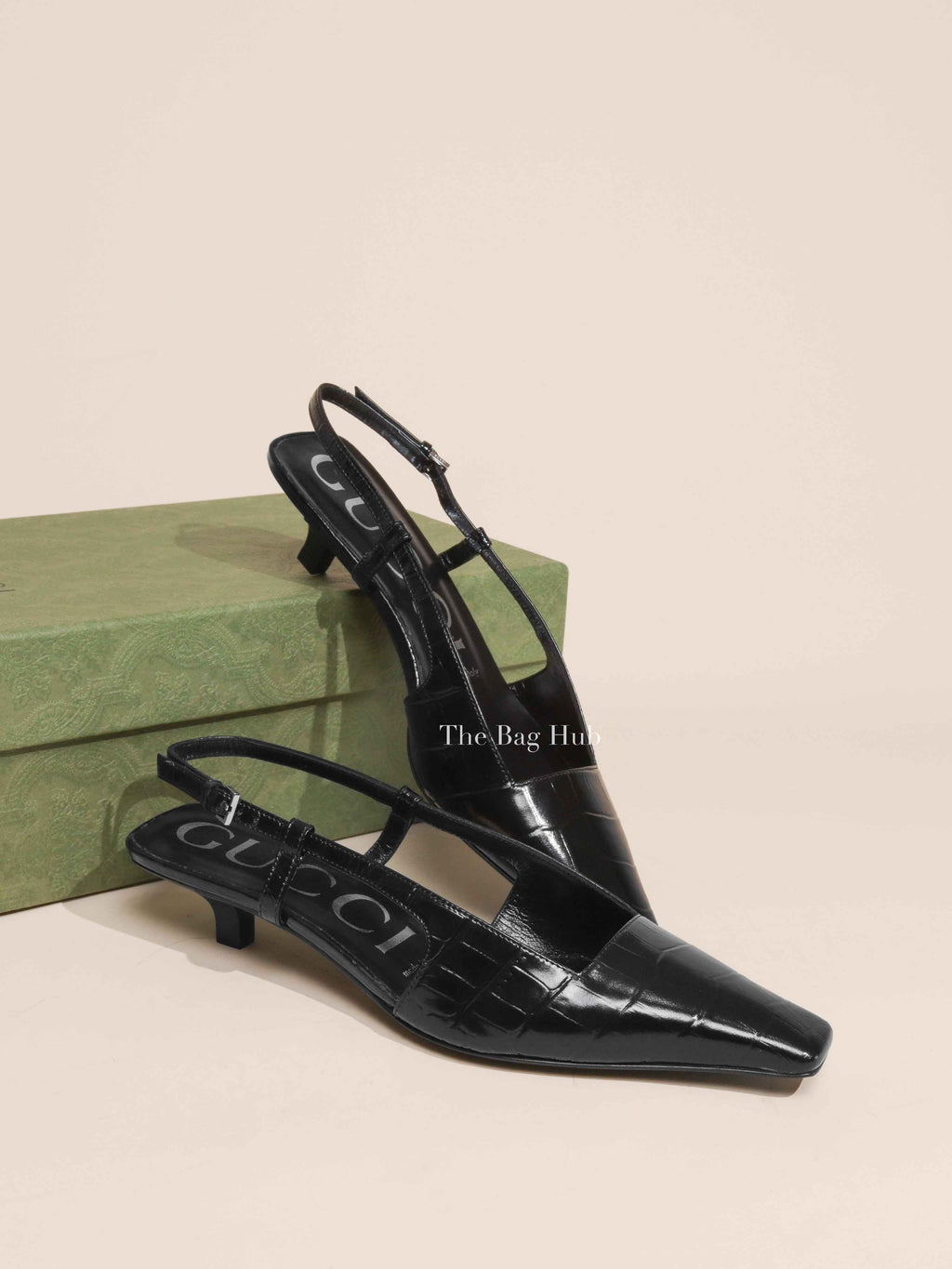 Gucci Black Calfskin Crocodile Embossed Slingback Pumps Size 36.5