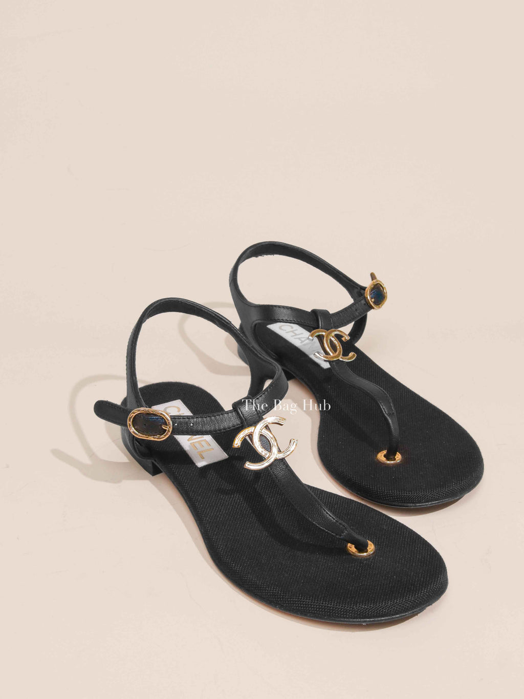 Chanel Black Leather Gold CC Logo Thong Sandals Size 36.5