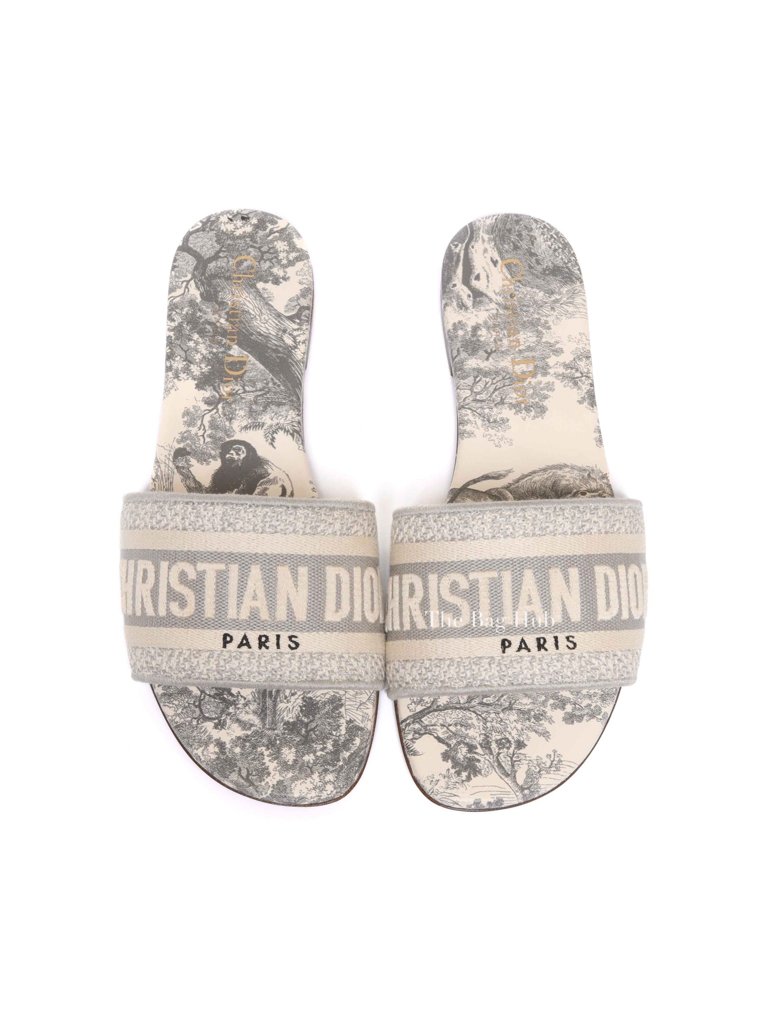 Dior Grey/Off White Embroidered Canvas Dway Flat Slides Size 36.5