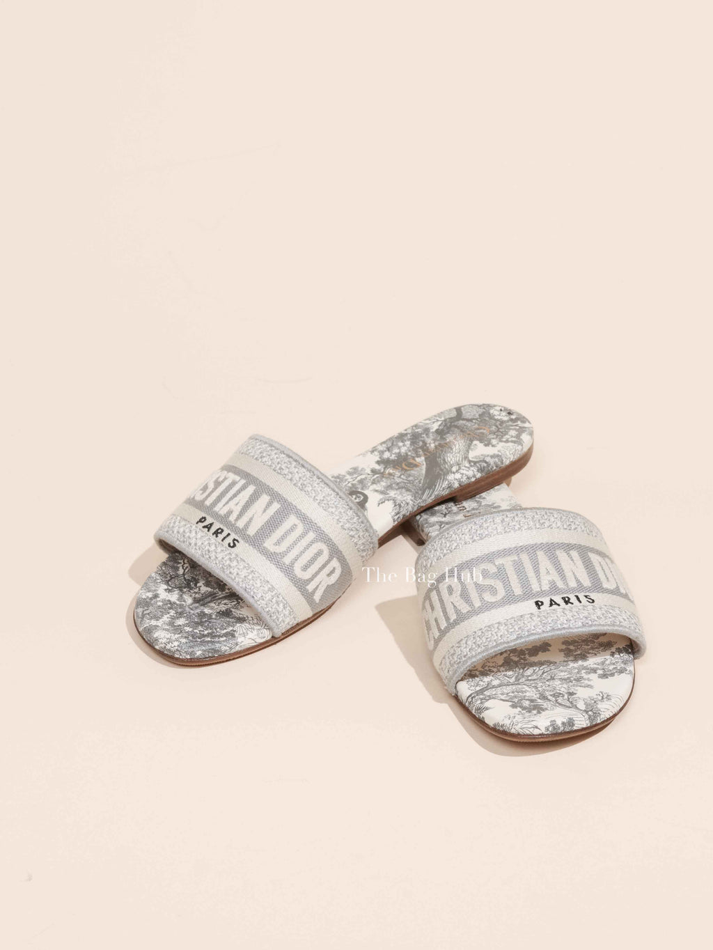 Dior Grey/Off White Embroidered Canvas Dway Flat Slides Size 36.5