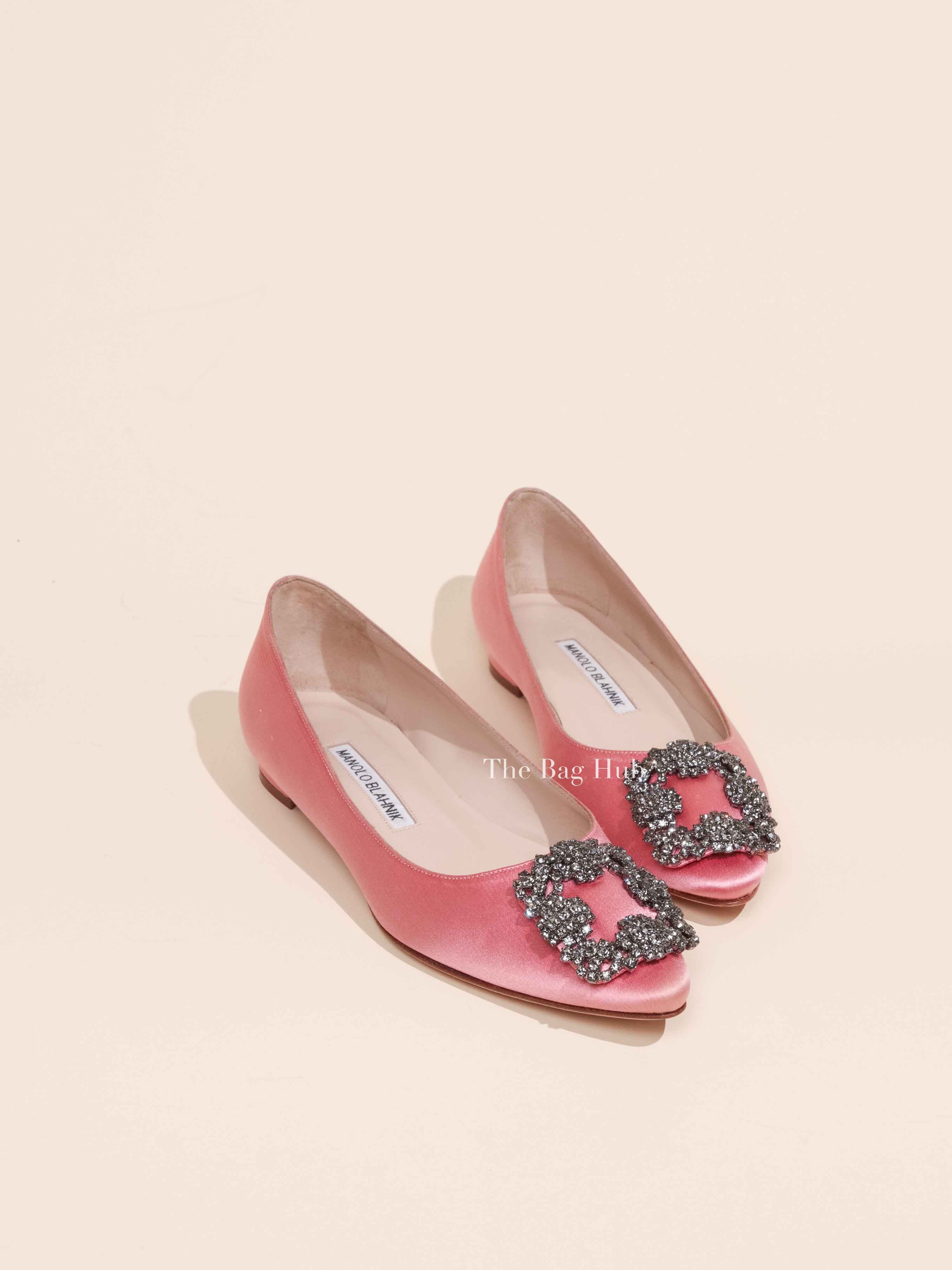 Manolo Blahnik Pink Satin Hangisi Crystal Embellished Ballet Flats