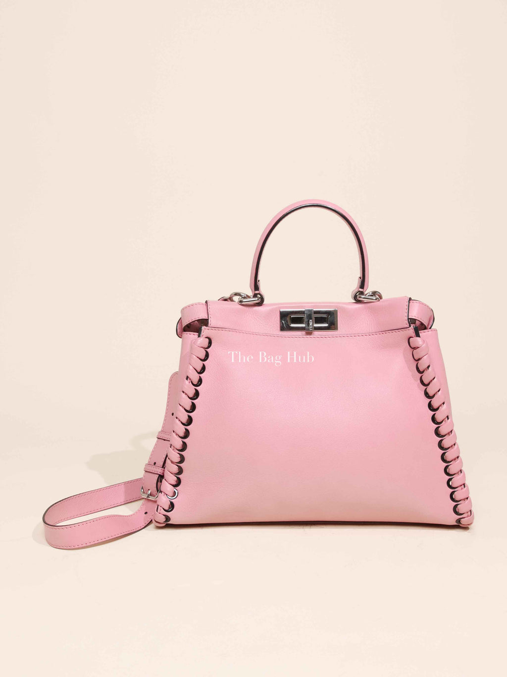 Fendi Pink Leather Whipstitched Peekaboo Medium Top Handle Bag