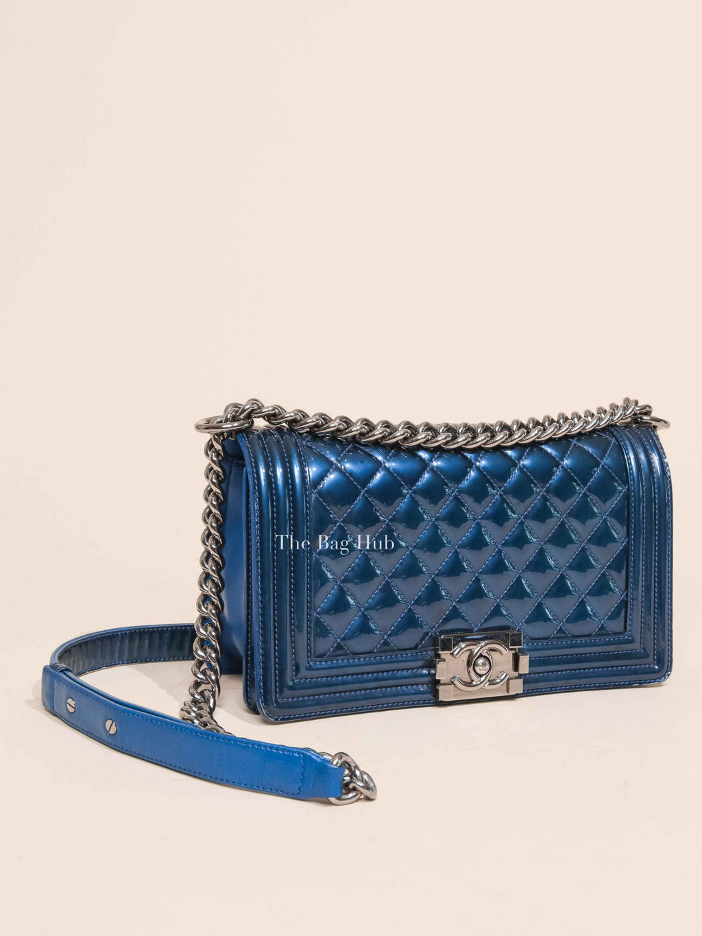 Chanel Blue Metallic Patent Quilted Medium Le Boy Flap Bag RHW