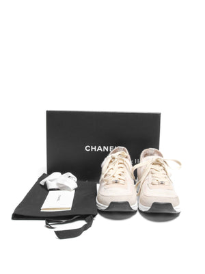 Chanel Grey/Beige Suede and Knit Fabric CC Low Top Sneakers Size 37.5